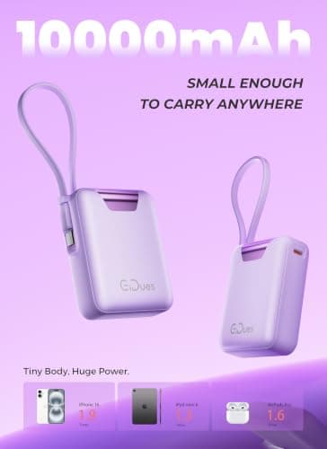 Gidues M1 Mini Portable Charger, 10000mAh Ultra-Compact Power Bank, 22.5W PD Fast Charging, Tpye-C Built-in Cable, Small External Battery Pack for iPhone, Samsung, Android iPad (Purple) — view 2