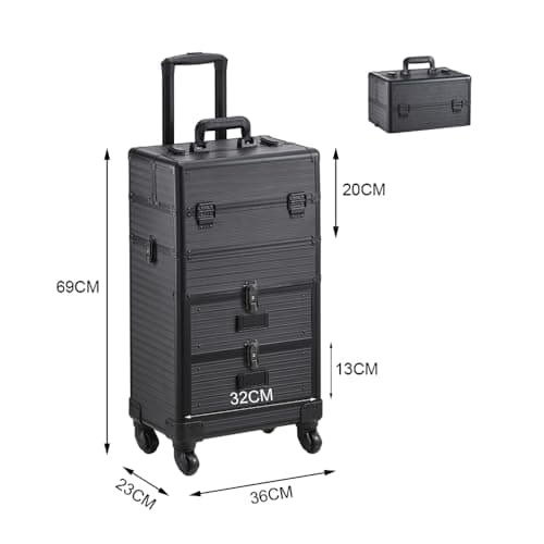 Warmiehomy Makeup Case 4-in-1 Tall Vanity Case Makeup Trolley Professional Beauty Trolley on Wheels Large Makeup Organizer Suitcase Cosmetic Storage Box 2 Drawers for Women 36x23x62cm（Black） — view 3