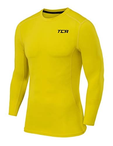 TCA Men Long Sleeve Compression Shirt, Athletic Workout Sports Undershirt Base Layer Top - Sonic Yellow, XXL