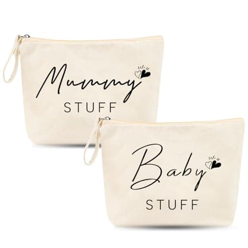 Mum to Be Gifts, 2 Pcs White Canvas Makeup Bags with Zipper & Handle, New Mum Gifts for Pregnancy Essentials, Baby Shower Bag for Women, Toiletry Pouch for Maternity Travel