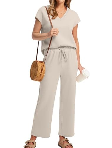 Saloogoe Women Two Piece Set Summer Outfits Lounge Sets V Neck Tops Wide Leg Pants Women Holiday Travel Outfits, beige, M — view 2