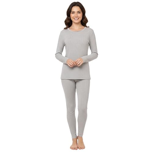 Heatwave Thermalwear Women Thermal Underwear Set Base Layer Long Sleeve Top Ultra Soft Long Johns Bottom Ladies warm for Cold Weather Outdoor Sports Hiking Skiing, Marl Grey UK 22-24