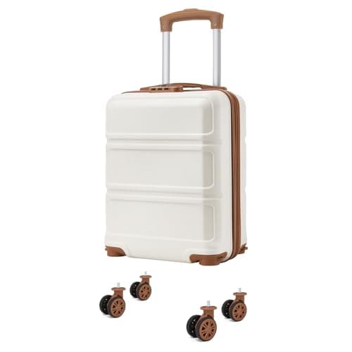 Kono 15 Inch Ryanair 40x30x20 Carry On Hand Luggage, Lightweight Hard Shell Cabin Bag, Small Suitcase with 4 Spinner Wheels (Cream/Brown)