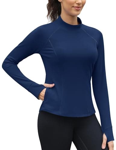 IECCP Women's Thermal Long Sleeve Shirts Mock Turtleneck Underwear Fleece Lined Workout Base Layer with Zipper Pockets and Thumb Hoes M Navy Blue