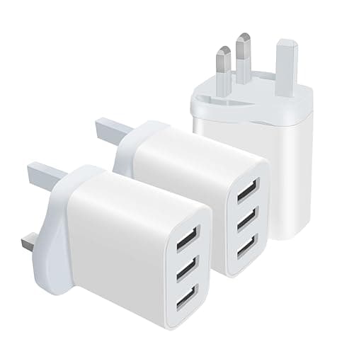 3 Pack UK Plug USB Wall Charger with 3 Ports, Multi Device Fast Charging Adapter for Home Office Travel, Safe Power Plug for iPhone Android Tablet Earbuds (White-3P) (3, White+3Pcs)