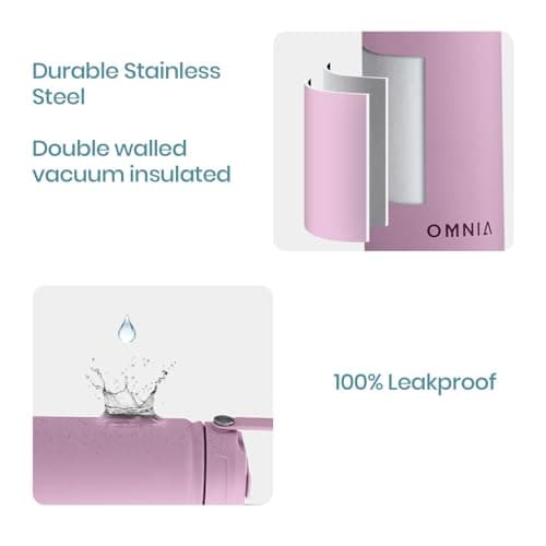 OMNIA NUTRIENTS Vacuum Insulated Stainless Steel Water Bottle, 2 Lids (Straw & Spout) Leakproof, BPA-Free, Reusable Flask Ideal for Travel and Outdoors (Soft Pink - 1000 ml) — view 3