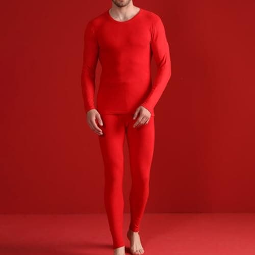 Men's Winter Thermal Underwear Set with Silk and Wool Blend, Double Layer Insulation for Extreme Cold Weather, Long Sleeve Top and Pants, Moisture Wicking Base Layer (Red, XL) — view 3