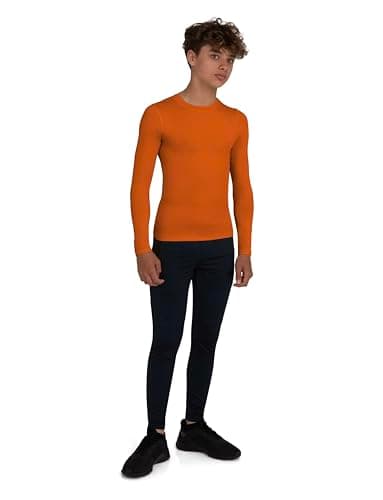 PowerLayer Kids Base Layer Long Sleeve Compression Shirt. Lightweight and Moisture Wicking Thermal Top for Football, Rugby, Soccer and Gym for Boys - Orange, 12-14 Years — view 5