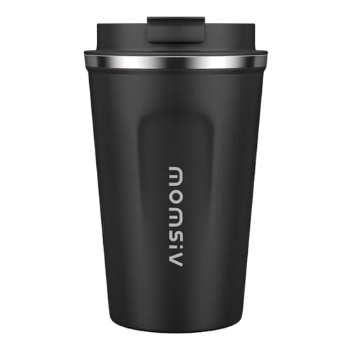 MOMSIV Black Coffee Cup, Vacuum Reusable Leakproof Double Wall Coffee Cup, Insulation Stainless Steel Eco-Friendly Travel Office Mug for Hot Coffee Tea and Cold Drinks, 13oz/380ml