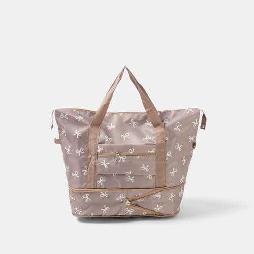 OHS Bow Print Gym Overnight Bag, Women Gifts Hospital Weekend Bags for Women with Handy Rear Pocket & Dual Handles Large Underseat Hand Duffel Bag Carry On Luggage Bags Holdall for Travel, Mink/Cream — view 4