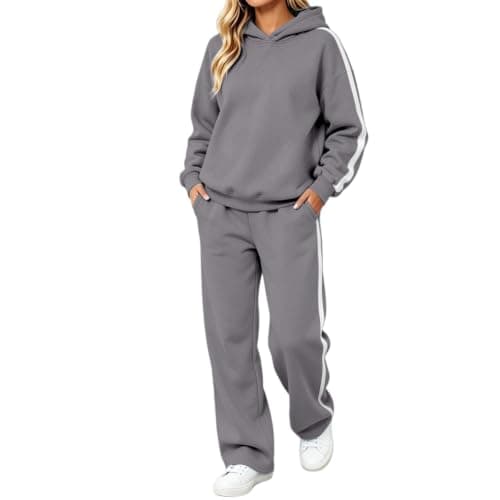 Womens Grey 2 Piece Outfit Pullover Hoodie and Wide Leg Trousers