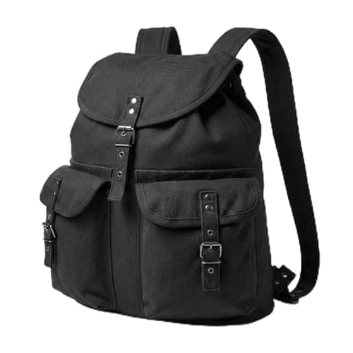 Canvas Backpack Vintage Army Style Rucksack School Gym Bag Camping Hiking Travel Sack Unisex Punk Fashion Daypack - Black