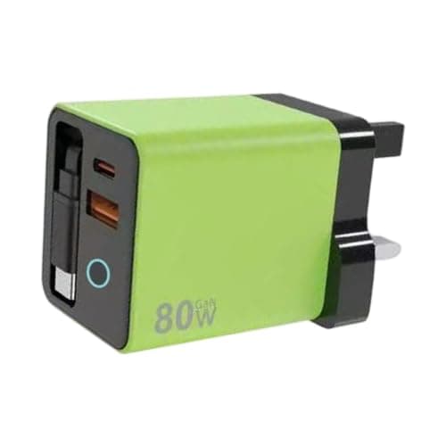 UK 80W Power Adapter with Retractable Cable, Green
