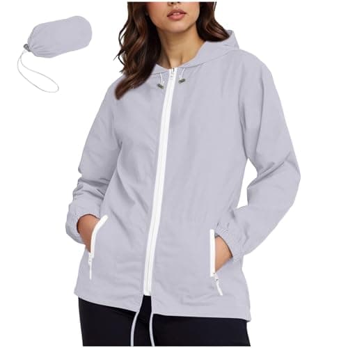 LinRim Women's Thin Waterproof Foldable Raincoat Rain Jacket with Hood Ultralight Travel Rain Poncho Breathable Windbreaker Jacket Cycling Jacket for Women Bicycle Sports Outdoor Jacket, silver, M