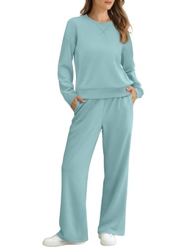 Saloogoe Lounge Sets for Women 2 Piece Sweatsuits Travel Outfits Fall Crewneck Sweatshirts Wide Leg Sweatpants Matching Sets, F-teal, M