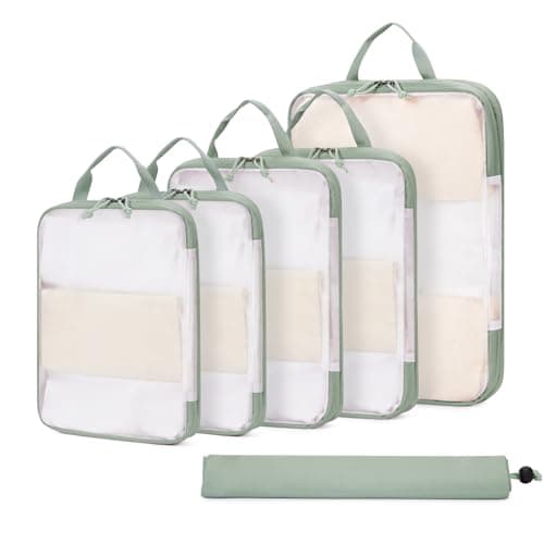 ECOHUB Travel Compression Packing Cubes, Recycled 6 Set Packing Cubes for Backpack Suitcases, Tear Resistant Mesh Travel Cubes with Shoes Bag, Washable Packing Organiser Expandable, Patent Pending