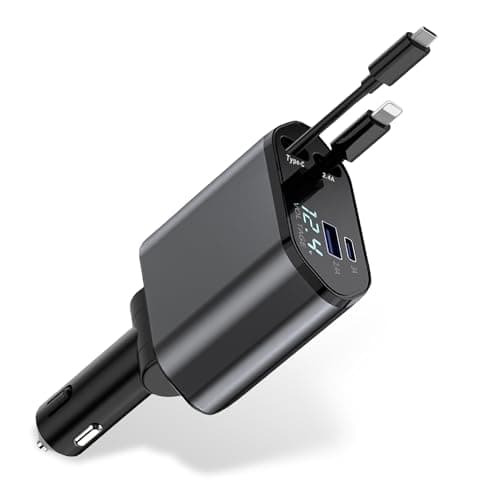Retractable Car Charger, 4-in-1 Car Phone Charger 120W Fast Charge with 2 Retractable Cables and 2 USB Ports, Multi-Device Car Phone Charger Adapter for Cars, Trucks and Vans, Multifunctional