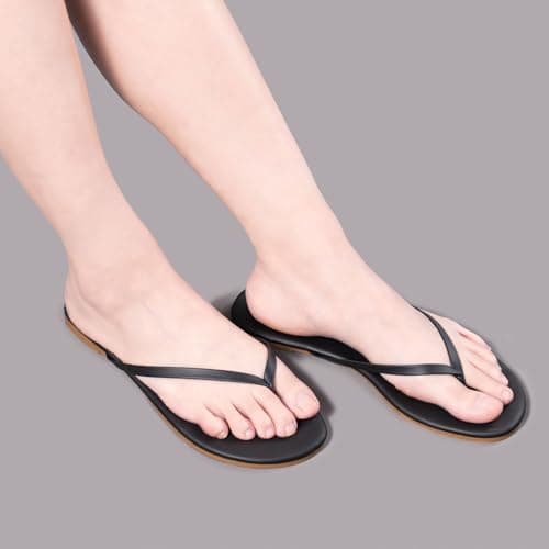 FITORY Women's Leather Flip Flops, Beach Thong Sandals Matte Black Size 7 — view 5