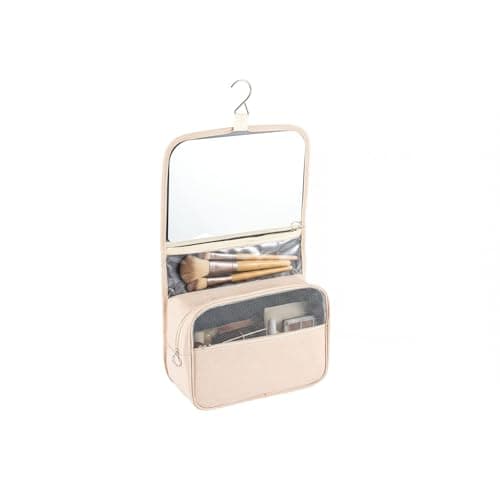 SUNNYNEST Unisex Travel Makeup Bag with Mirror – Foldable Hanging Toiletry Bag, Vanity Case & Makeup Organiser for Business Trips, Camping, Fitness & Weekend Getaways (Khaki)