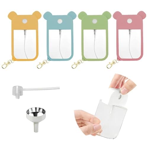 MSLSOZ 4-Pack Reusable Portable 50ml Spray Bottles with Hooks & Silicone Sleeves, Refill Nozzle and Funnel for Hand Sanitizer & Fragrance Cosmetics Moisturizer (Empty Bottles, Twist-off Caps).
