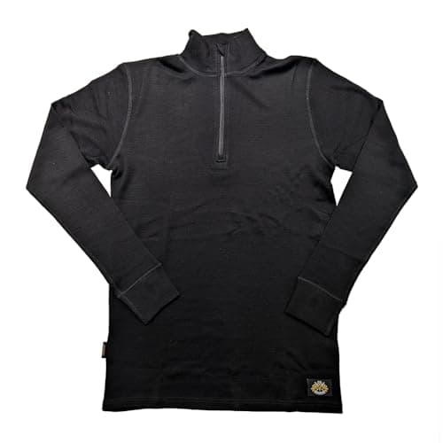 Goldtop Men's 100% Pure Merino Wool Zip Up Base Layer with Thumb Hole Cuffs - Long Sleeve Thermal T-Shirt (UK, Alpha, L, Regular, Regular, Black (Black Stitching))