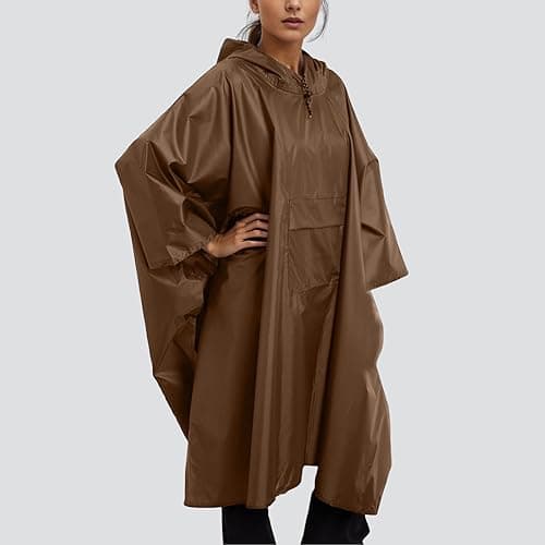 Waterproof Poncho Adult, Reusable Rain Poncho Lightweight Waterproof Raincoat Emergency with Hood for Outdoor Hiking Camping Cycling Traveling (Brown, One Size) — view 2