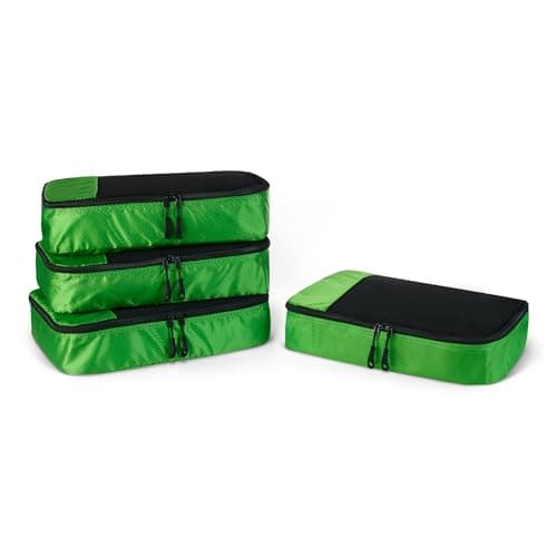 Amazon Essentials 4-Piece Packing Cubes Travel Accessories Set, Luggage Organiser with Double Zip, Mesh Top, Polyester, Medium, Green (Previously Amazon Basics)