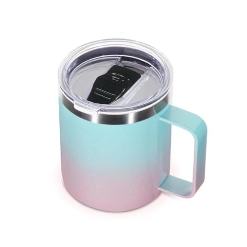 Volhoply 14oz Insulated Stainless Steel Coffee Mug with Leakproof Lid,Double Wall Vacuum Travel Coffee Cup with Handle,Reusable Metal Tumbler,Camping Mugs Keep Hot,Christmas Gifts(Green Pink,1)