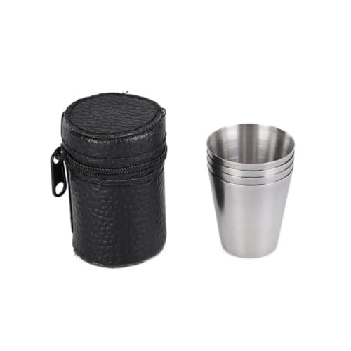 WTRYT Hip Flask Mug, Pack of 4, 30 ml Shot Cups with Leather Case, Small Stainless Steel Cups, Stackable Metal Cups, Portable Travel Mug, Stainless Steel Cups, Shot Glasses for Outdoor Picnic, Camping