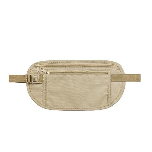 FuninCrea Money Belt, Nylon Fanny Pack Hidden Bum Bag with RFID Blocking for Women Men, Anti-Theft Waist Pack Under Clothes with Adjustable Buckle for Travel, Running, Hiking, Cycling (Beige)