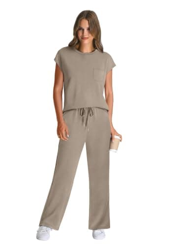WIHOLL 2 Piece outfits Women fashion lounge wear sets for women uk Casual Summer Travel Vacation Outfits Cap Sleeve Wide Pants Coffee M — view 3