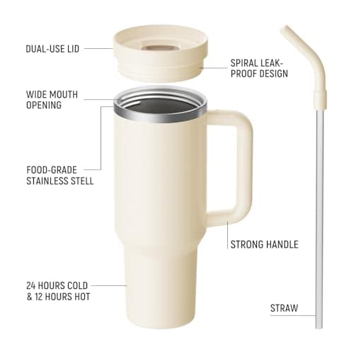 LEIKEEGO Travel Mug Coffee Cup, 1200ml/40oz Tumbler with Straw and Lid, Stainless Steel Double Wall Vacuum Insulated Coffee Cup with Handle-Keeps Cold for 24H-Hot for 12H(Cream Tonal) — view 5