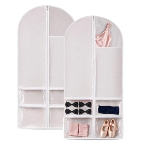 2 Pcs Dance Costume Bag, 60×120cm Foldable Dress Bag with Zipper Pockets, Clothes Covers Protector Bags, Waterproof Garment Bags for Hanging Clothes, Travel Suit Cover for Dancers Competitions, White