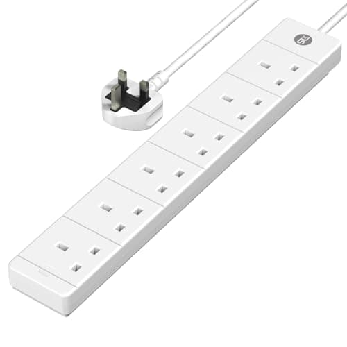 SLx Extension Lead 2m 6 Way Gang Socket 13A UK Plug 3 Pin Mains Power Extension Cord Compact Travel Power Strip White