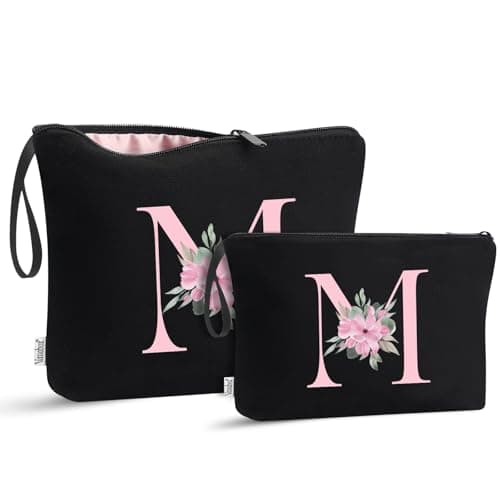 Vavabox 2Pcs Initial Toiletry Bags Set Birthday Gifts for Women (M, Black)