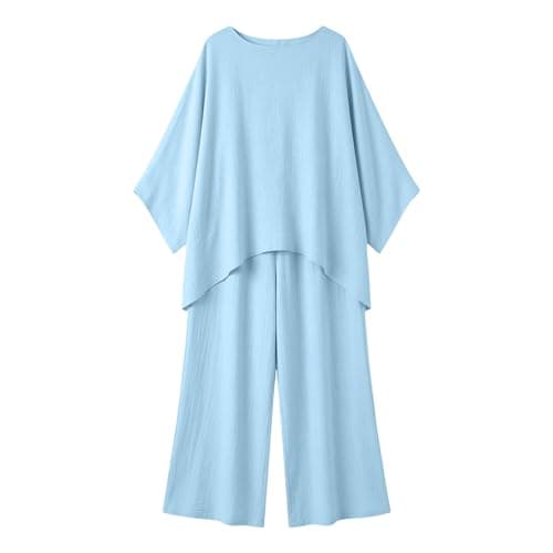 Lounge Wear Set Women Casual Linen Tracksuits 2 Piece Outfits Loose Summer Co Ord Set Ladies Long Sleeve Tunic Tops Pullover Elastic Waist Wide Leg Trousers Holiday Beach Travel Wedding Party Uk S-2XL — view 2