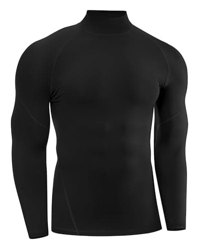 Runhit Black Compression Base Layer Mock Turtle Neck Tops for Men, Quick Dry Long Sleeve T Shirt Mens, Breathable Thermal Sports Undershirt for Gym Running Workout Fitness Training L