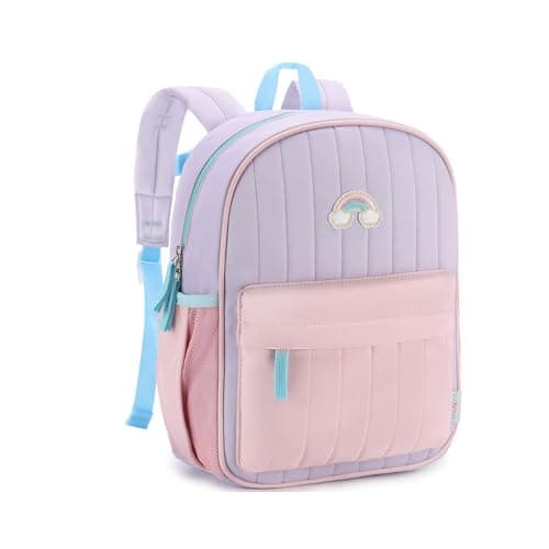 VASCHY Toddler Girls Backpack, Kids' Small Lightweight Quilted School Bag Color-blocked Bookbag for Kindergarten Children Light Purple Pink