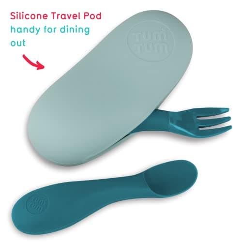 TUM TUM Silicone Baby Cutlery with Travel Case - Baby Spoon & Fork Set - Designed with Feeding Specialist - Baby Led Weaning Utensils - Dishwasher, Steriliser Friendly - BPA Free - 6m+, Blue — view 3