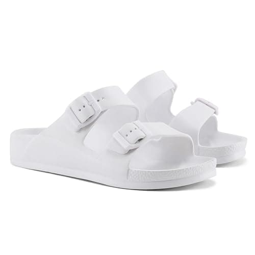 VIVASHOES Women’s Double Buckle EVA Sandals – Lightweight Waterproof Adjustable Slides with Arch Support for Summer, Beach, Pool & Daily Wear – True to Size Good for Wide Fit – White 5