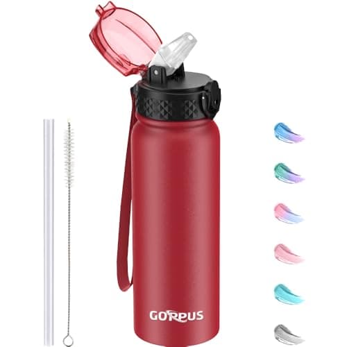 GOPPUS 600ml/20oz Stainless Water Bottle with Straw Double Wall Insulated Bottles with Strap One Hand Open Vacuum Thermal Flask with Flip Top Lid Leakproof Keep Cold Drinks BPA Free (Red)