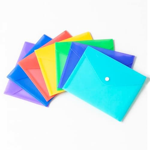 Plastic Document Wallets A5 File Folder 6 Pack with Stud Fastener Button - Assorted Colour Ideal for Office, School and Personal Uses