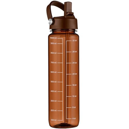 GOPPUS 1000ml/32oz Clear Water Bottle with Straw, Tritan Leakproof Sports Drinking Bottle, BPA Free Wide Mouth Gym Bottle with Handle and Measurement Marks for School, Gym, Travel (Brown)