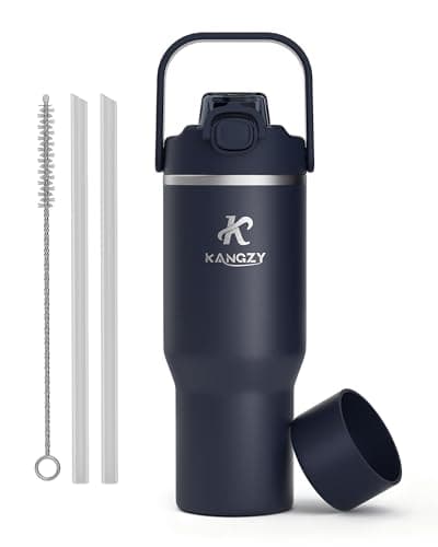 KANGZY Metal Water Bottle with Straw 1L/32oz – Vacuum Insulated Stainless Steel Flask, 2-in-1 Straw & Spout Lid, BPA-Free Leak-Proof Tumbler, Keeps Drinks Hot 8H+ / Cold 24H for Work, Travel Navy Blue