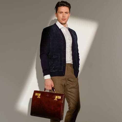 Time Resistance Leather Attache Case - Full Grain Italian Leather Briefcase - Laptop Bag up to 15” - Hard Case with Lock — view 2
