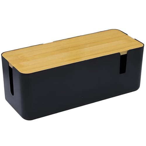 JJQHYC Cable Tidy Box Large Cable Box with Bamboo Lid Cable Management Box Black Cable Organiser for Hiding Cables and Plugs