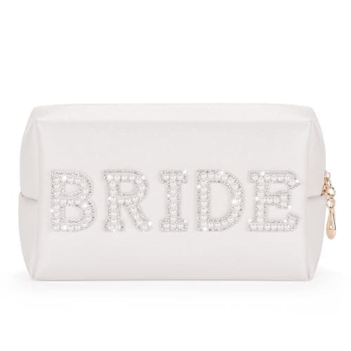 Etercycle Bride Letter Makeup Bag, Bridal Shower Gifts Bling Pearl Rhinestone Patch Cosmetic Bag, Waterproof PU Travel Toiletry Bag for Bachelorette Party Wedding Bridal (Bride)