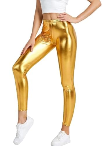 Prime fashions Girls Ladies Shiny Metallic Pants Leggings for Sports, Party Look (Gold, S-M)