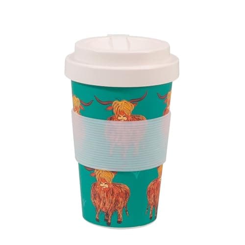 ECO CHIC Recycled Travel Coffee Cup 400ml Microwave Dishwasher Safe Plastic Travel Mug (Highland Cow Teal)