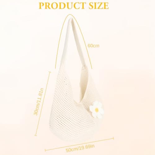 Hittriu Crochet Beach Bags for Women, Hollow Crochet Mesh Tote Bag, Coffee Hobo Beach Shoulder Bag Handbag for Seaside Holiday Travel Daily Shopping (Off White) — view 5